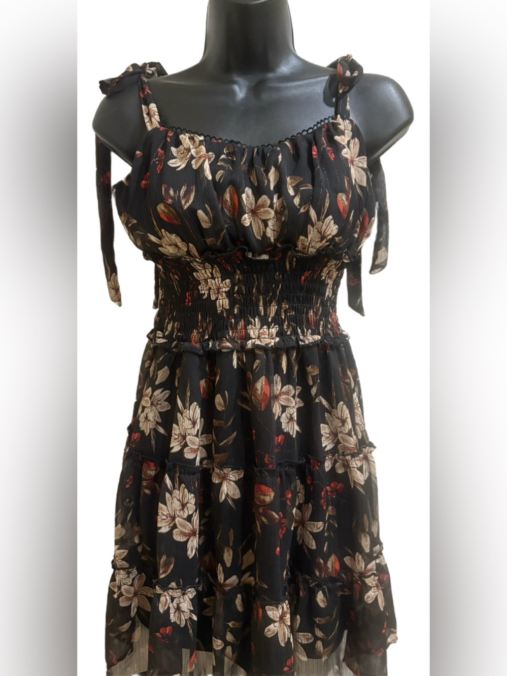 Women’s Black Floral Tiered Sundress with Tie Straps ⭐️NWT⭐️